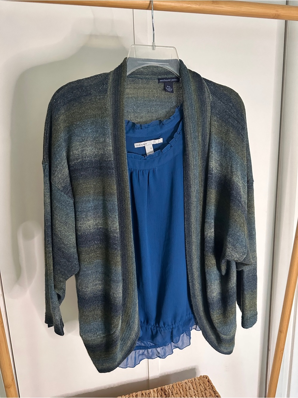 Westbound Blue and Green Striped Open-Front Cardigan